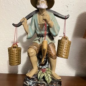 Chinese porcelain, fisherman, fish, and barrel